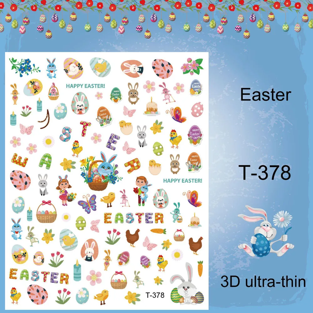 

1 Sheet Easter Day 3D Nail Art Sticker Adhesive Decals 8 Colors Happy Easter Eggs Bunny Rabbit Duck Flowers Spring Nail Sliders