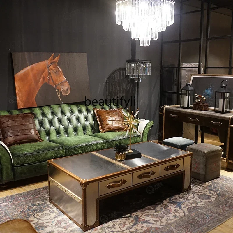

J185 American leather coffee table leather box hotel KTV retro furniture high-end villa square European coffee table combination