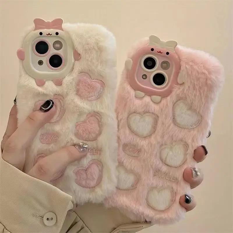 Korean Cute Love Heart Plush Warm Fluffy PhoneCase For iPhone 14 Pro Max Case 13 Pro 12 11Furry Soft Silicone Back Cover Coque