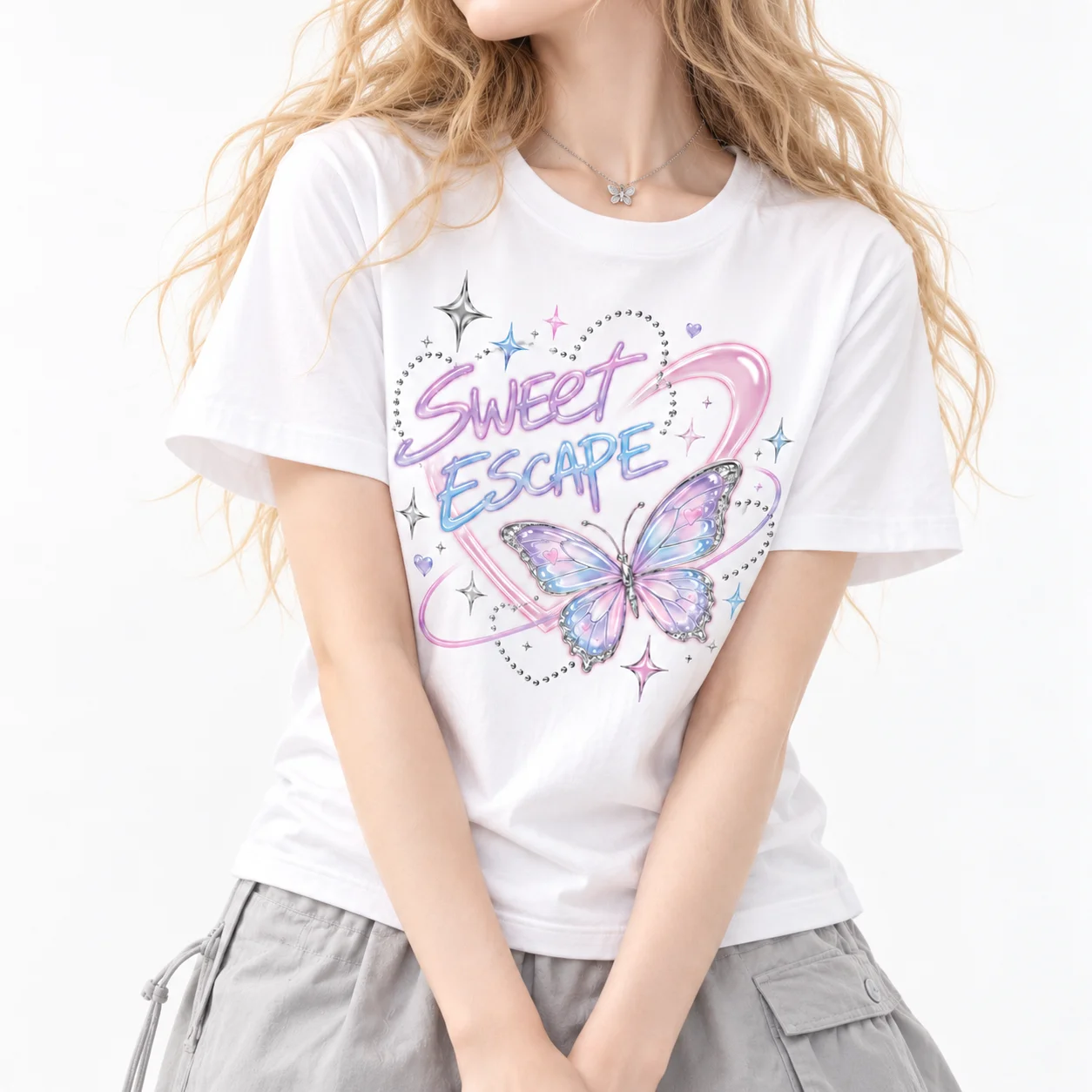 Cotton Women Y2K Sweet Escape Butterfly Heart Graphic T-Shirt, Cute Sparkle Print Short Sleeve Tee, Casual Summer Streetwear Top