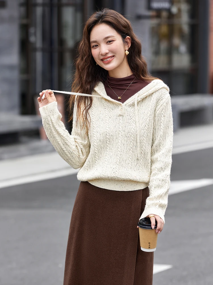 VIMLY Abrikoos Truien Met Capuchon Herfst 2025, Nieuwe Casual Trekkoord Gebreide Dames Trui Elegante Lange Mouw Tops voor Vrouw 75090