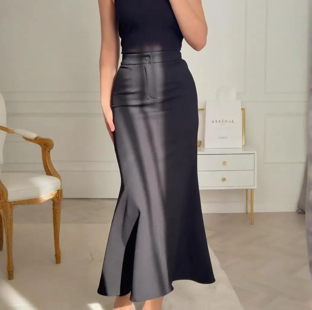 Women Skirt High Waist Button Long Mermaid Skirts Elegant Solid Y2k Streetwear Work Slim Fit Hip Wrap Party Night Autumn Winter