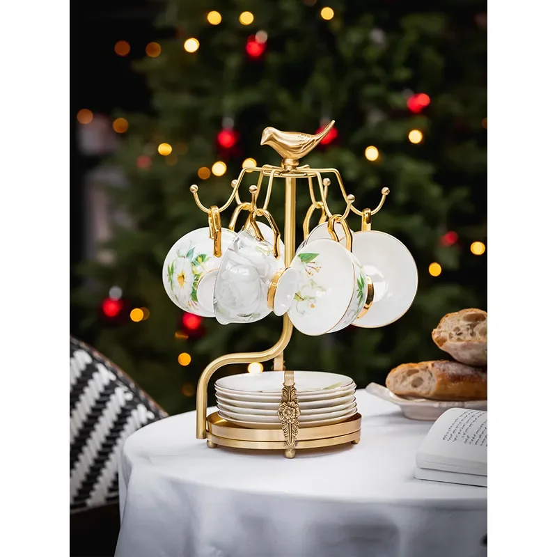Luxury Brass Coffee Cup Rack European Style Hanging Mug Holder for Living Room Dining Table Saucer Storage Organizer Home