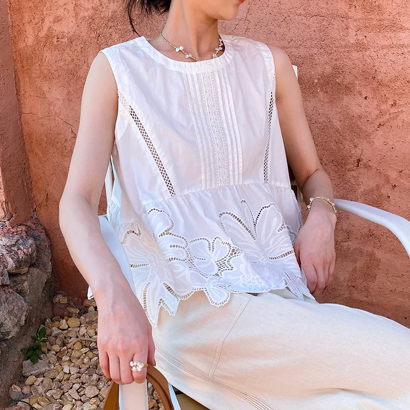 

French Style Summer Boho Blouse Shirt Women White Sleeveless Hollow Out Floral Embroidery Round Neck Lace Ruffle Vacation Tops
