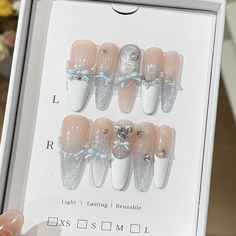 

10PCS Handmade Nails Pearl Bridal Press on Nails Diamond Pastel Cat-eye Sweet Pink Blue with Bow Rhinestone Elegant False Nails