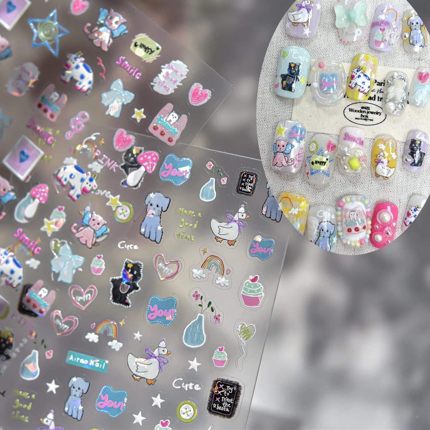 Patch Dog Cow Cat Bowknot Note Star Heart Mushroom Duck Button Cake Balloon Rainbow Cloud Nail Art Stickers DIY Manicure Decals