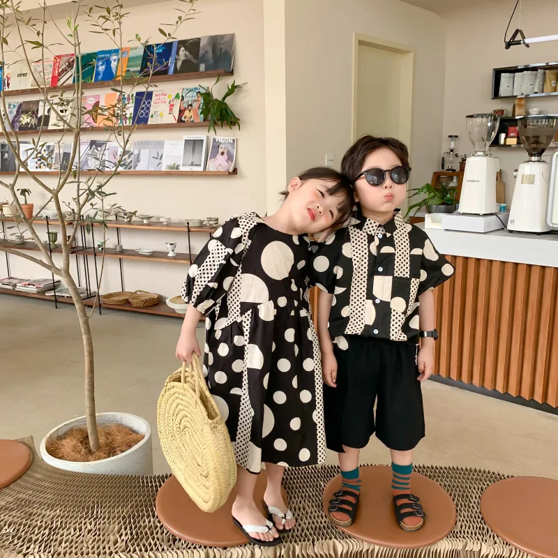 

2026 Summer Sibling Matching Outfits Kids Polka Dot Print Set Boy Short Sleeve Shirt + Shorts Girl Dress Casual Loose