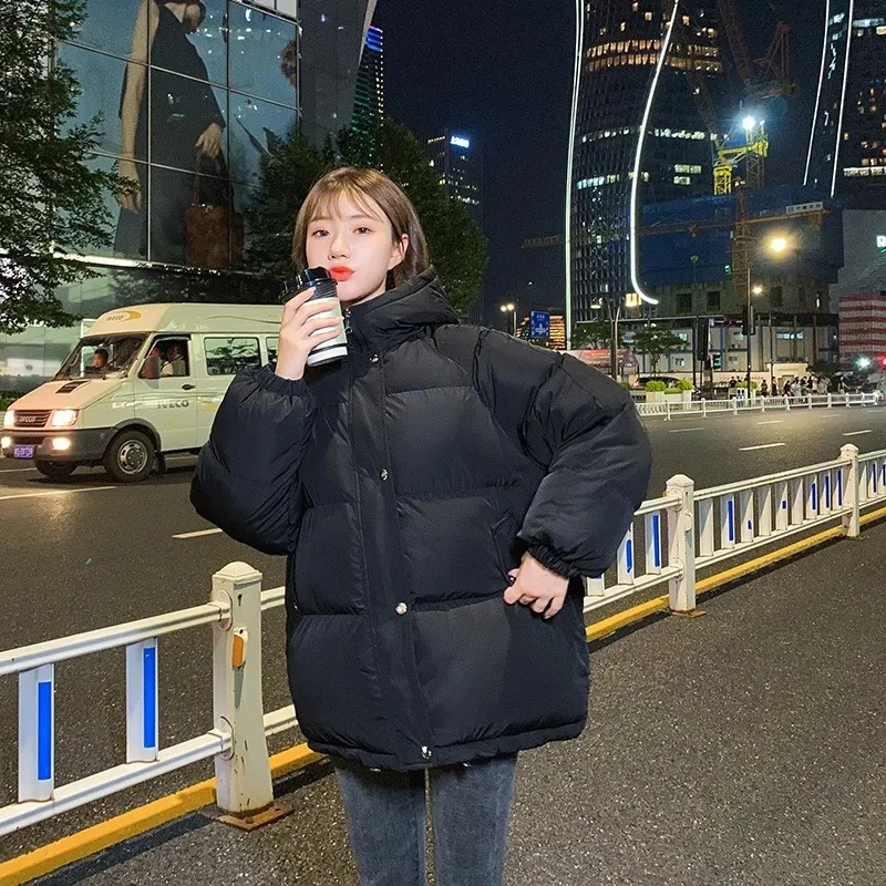 Biyaby inverno feminino oversized com capuz outwear kawaii engrossado zíper quente parkas mulher coreano cor sólida grande bolso casacos senhora