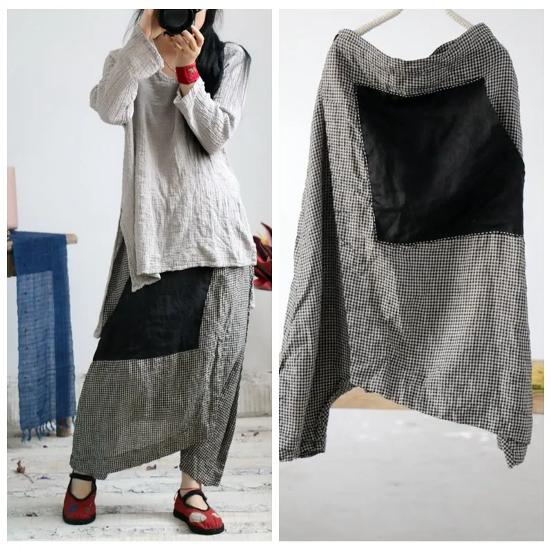 

Оригинальная художественная повседневная льняная юбка в стиле ретро с пэчворком, свободные брюки на пуговицах, для индивидуальных путешествий и фотосессий