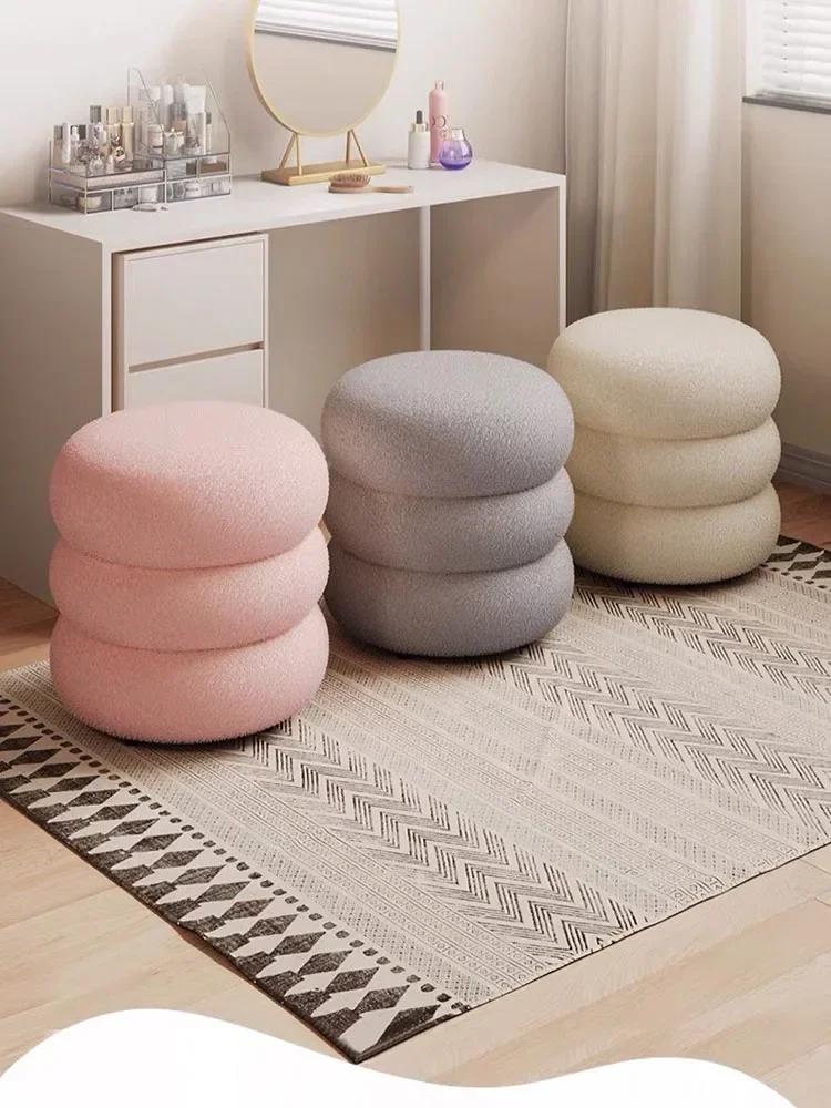 

Home Furniture 1PC Cute Creative Imitation Lamb Wool Fabric Funny Stools Round Ottoman Modern Makeup stool Wooden Shoes-changing