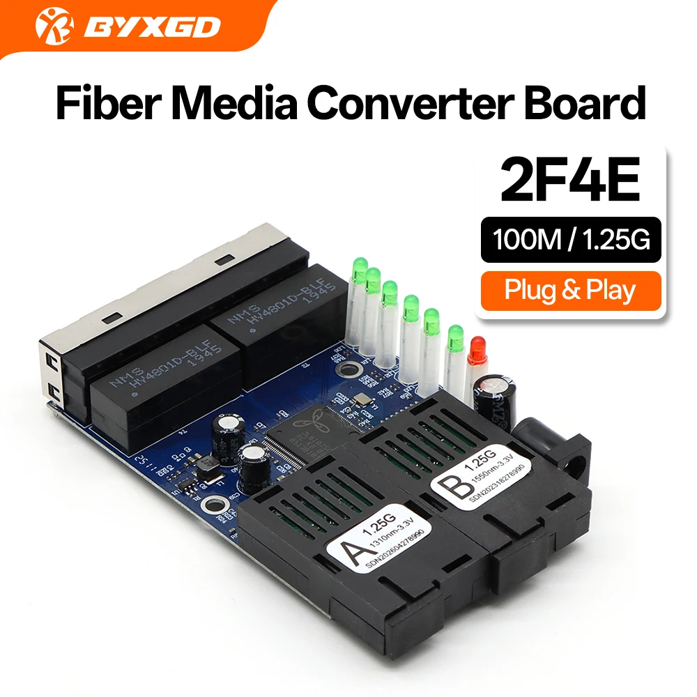 Placa Conversora de Mídia de Fibra Gigabit 2F4E 2 SC 4 RJ45 10/100/1000Mbps BIDI 3km para CCTV FTTH **Automação e Controle Industrial**