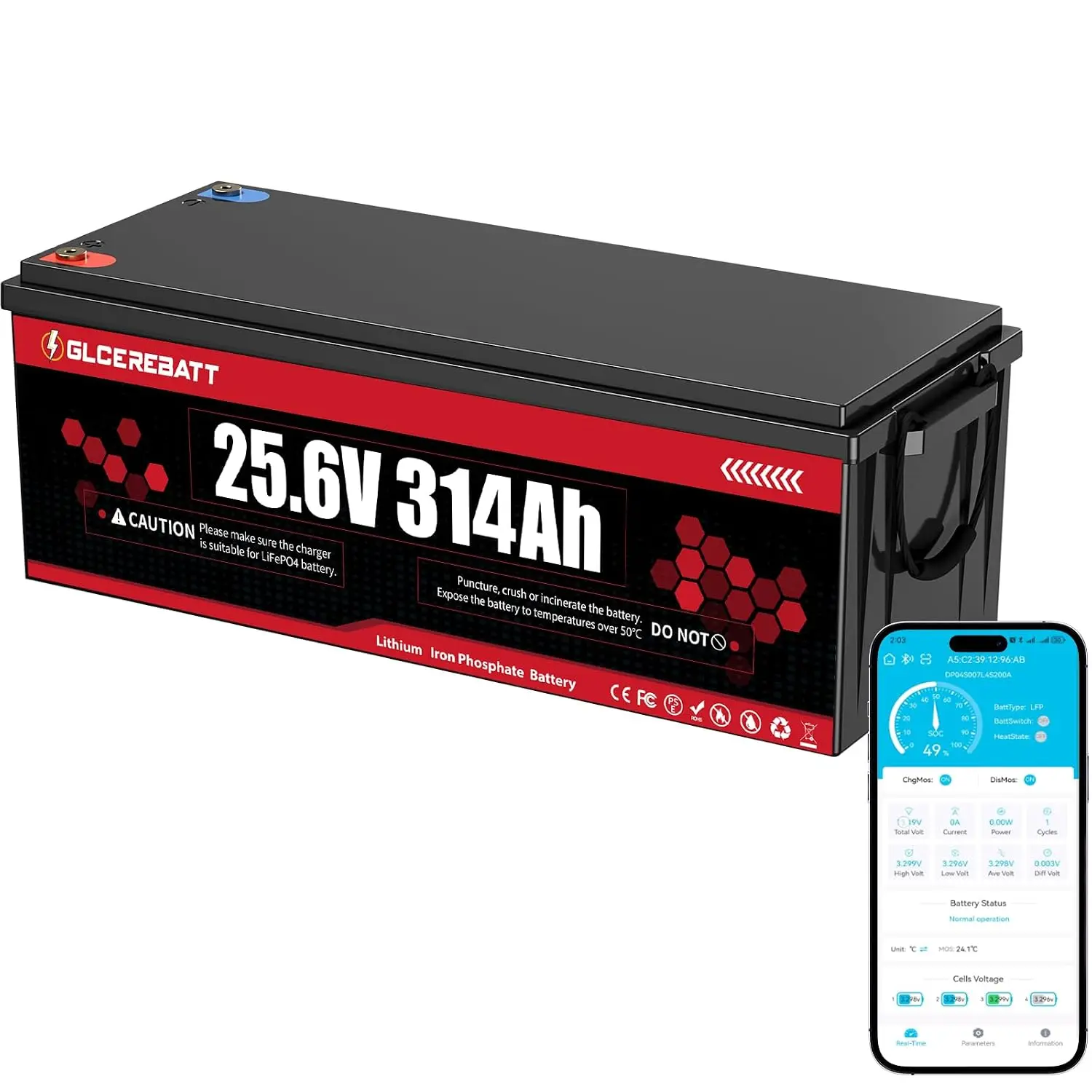 24V 314Ah LiFePO4 Battery, Bluetooth & 200A BMS, 6000+ Deep Cycles, 10-Year Lifespan for Solar Marine RV Off-Grid, Customized