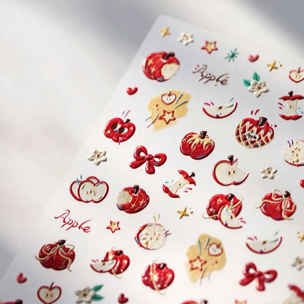 Pegatinas navideñas 5D con lazo de manzana roja para decoración de uñas, pegatinas adhesivas de flores y estrellas de manzana, deslizador de uñas de fruta Holiay