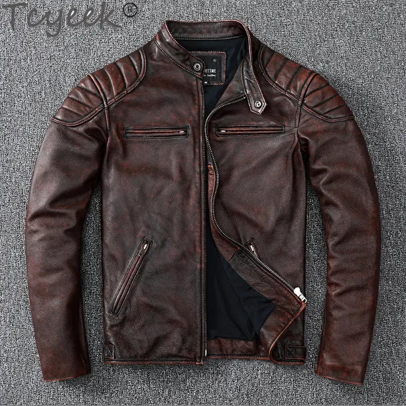 

Tcyeek Mens Jackets Cowhide Leather Coat Spring Autumn Casual Genuine Leather Jacket Men Clothing Vintage Coat Casaco Masculino