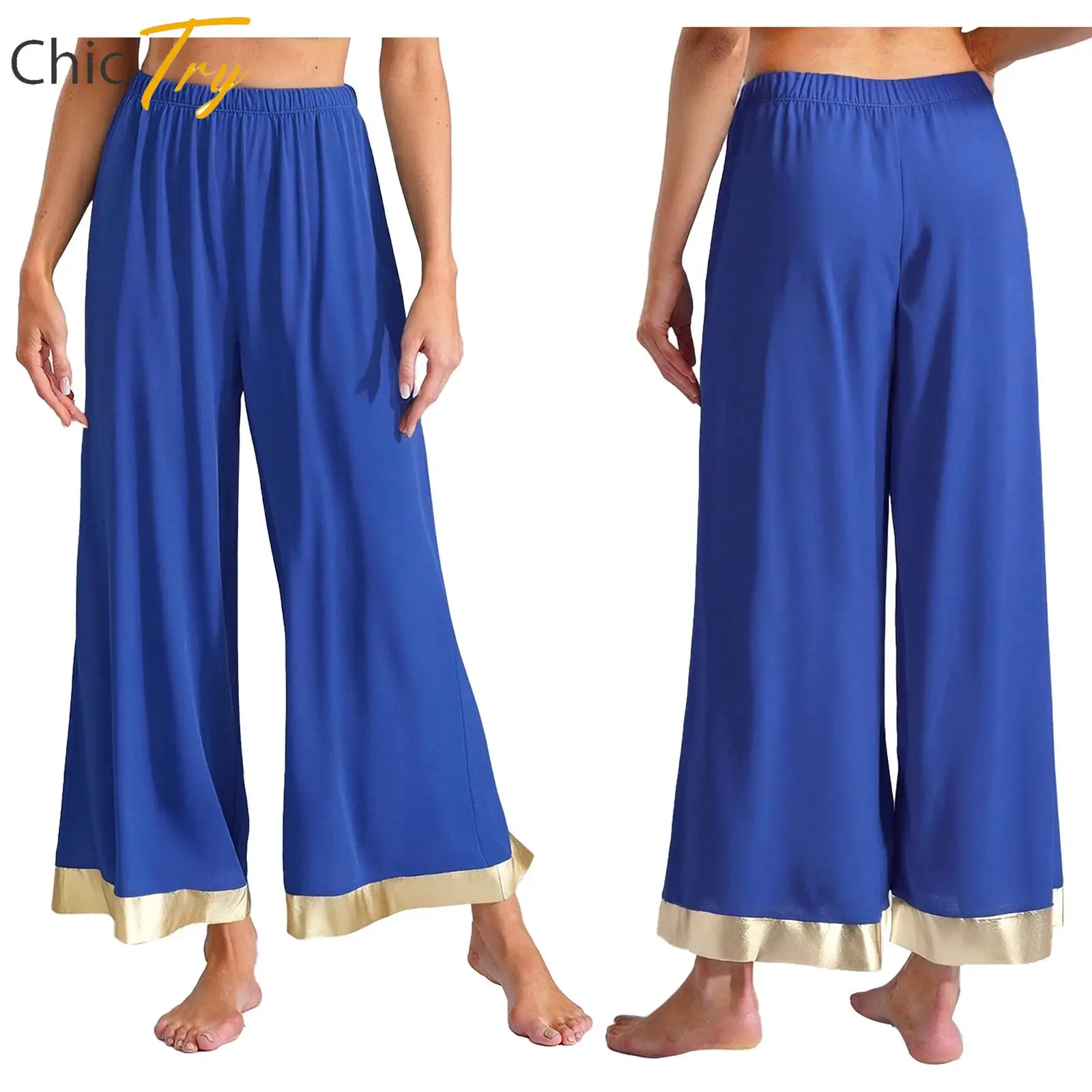 

Women Worship Lyrical Praise Dance Costume Shiny Trim Wide Leg Long Pant Loose Trousers for Festival Performance Party Dancewear