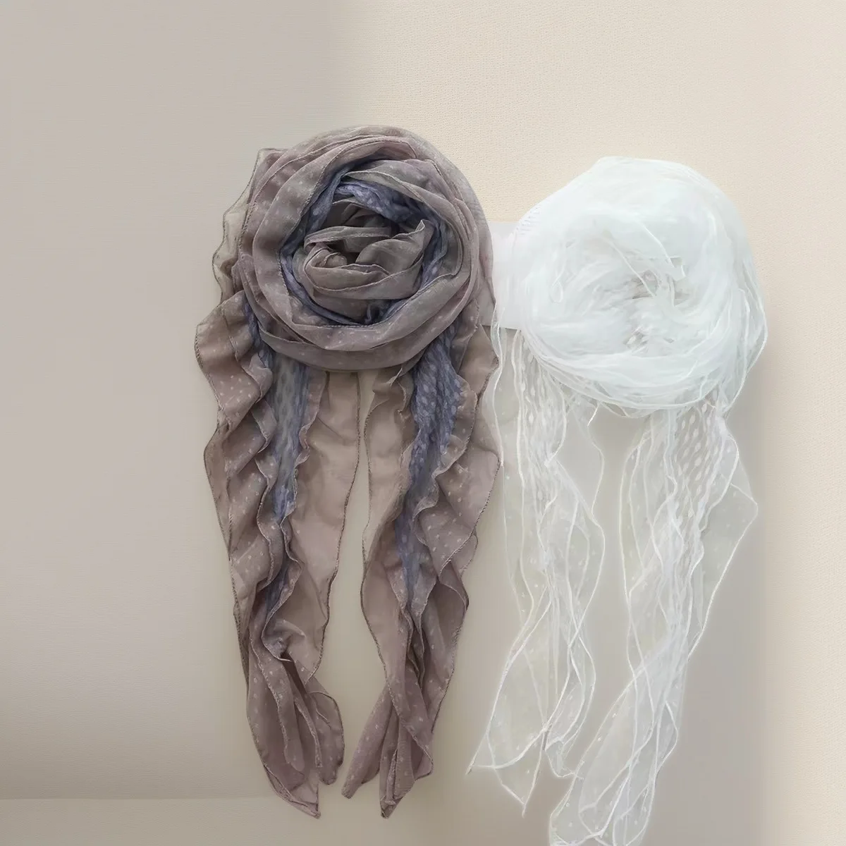 Polka Dot Scarf Women Light Grayish Blue Soft Lace Trim 1pc Long Ruffle Edge Neck Warmer Headscarf for Office Travel Party Gift
