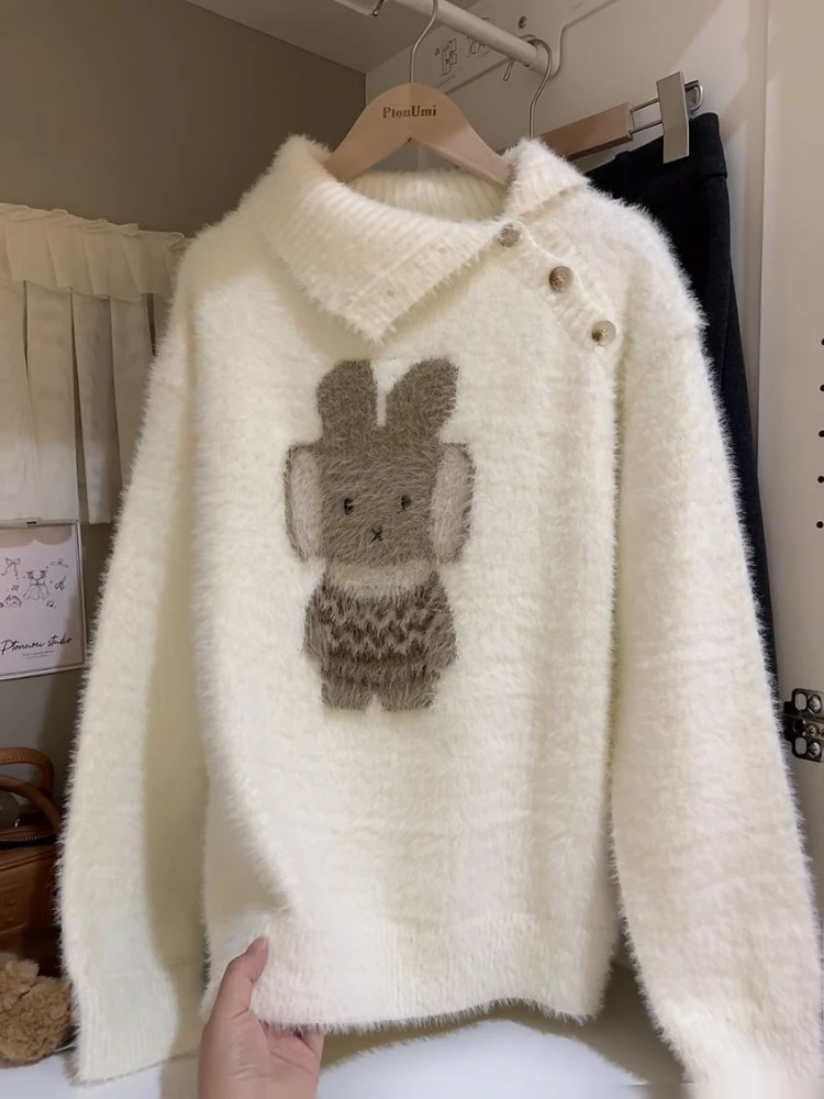 

Осенний серый винтажный элегантный вязаный пуловер для женщин Y2k с мультяшным принтом, свитер в стиле Харадзюку, женская одежда Y2k с длинными рукавами в стиле ретро