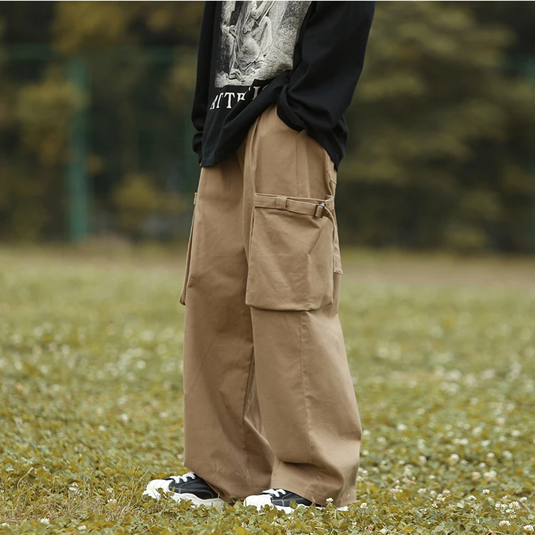 

New Men Baggy Cargo Pants Harajuku Style Straight Loose Casual Pants For Men Solid Big Pockets Loose Wide Leg Design Trousers