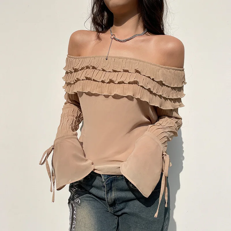 

Fashion Chic Flare Sleeve Fold Chiffon Blouse Women Off Shoulder Top Tierred Ruffles Y2K Shirt Elegant Boho Holidays Streetwear