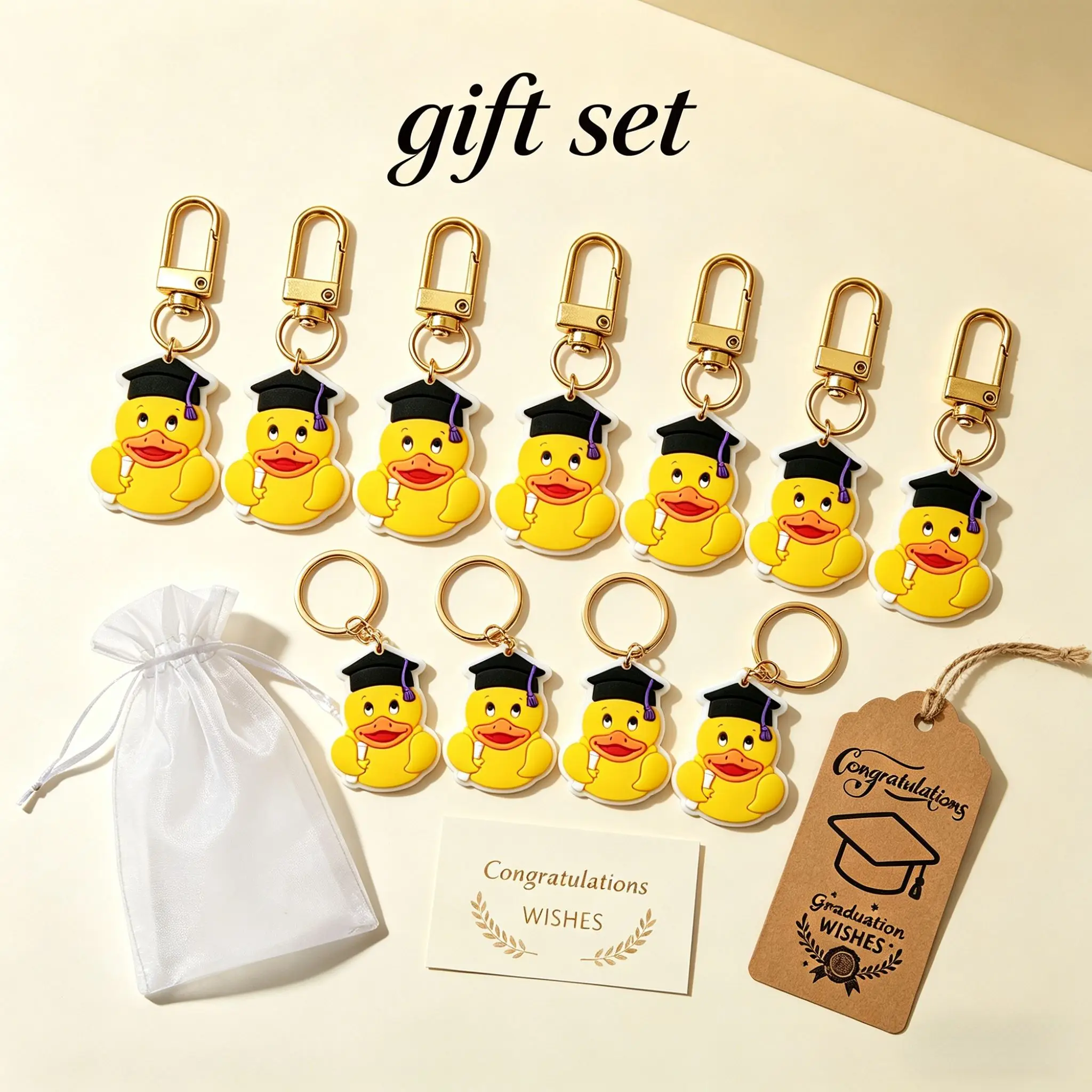 10 Sets Graduation Duck Keychain Gift Set Duck Keyring with Organza Bag & Thank You Card Party Favors Student Gifts