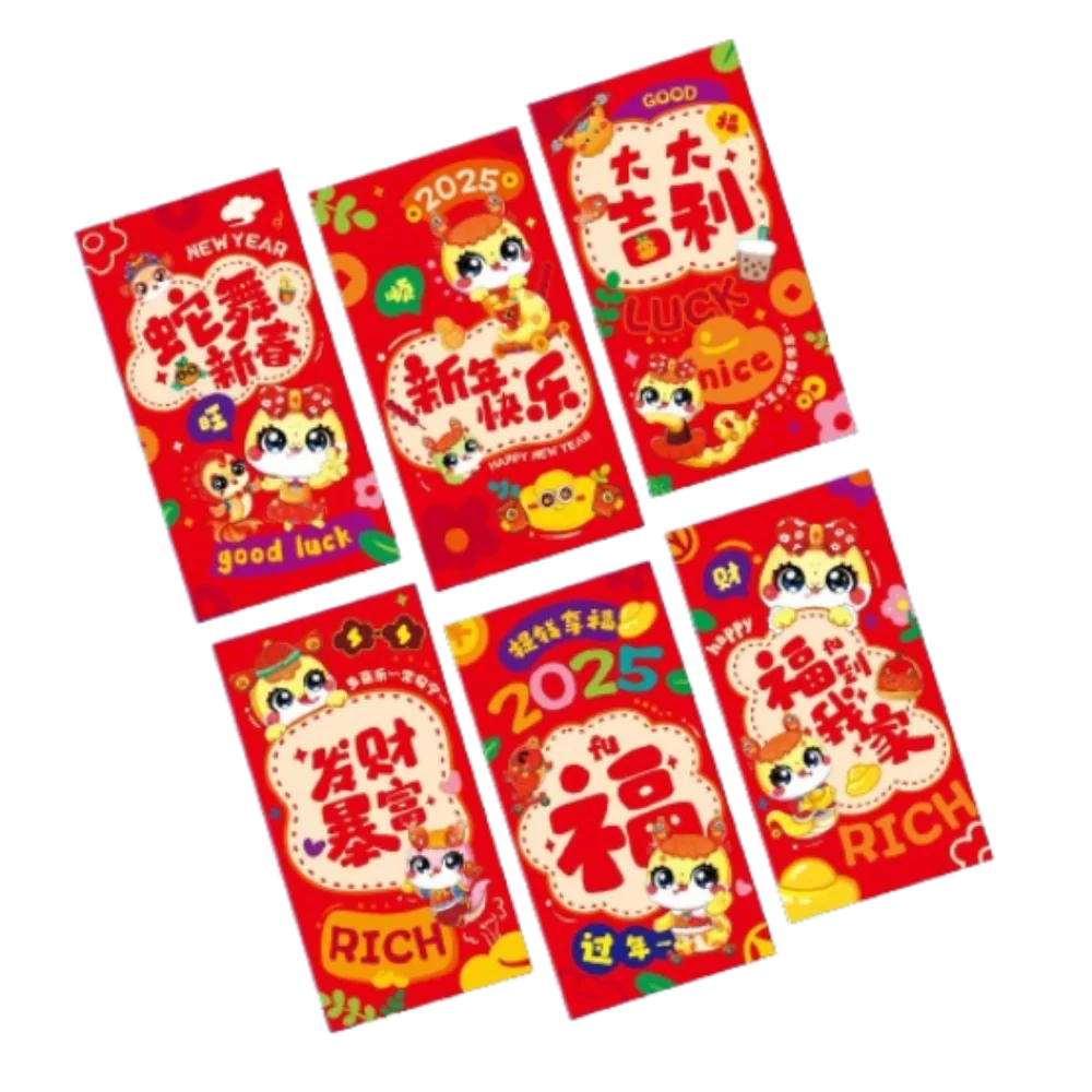 

6pcs Cartoon Chinese Snake Year Red Envelopes Traditional Blessing 2025 New Year Red Envelopes Paper Hongbao Lucky Money Pockets