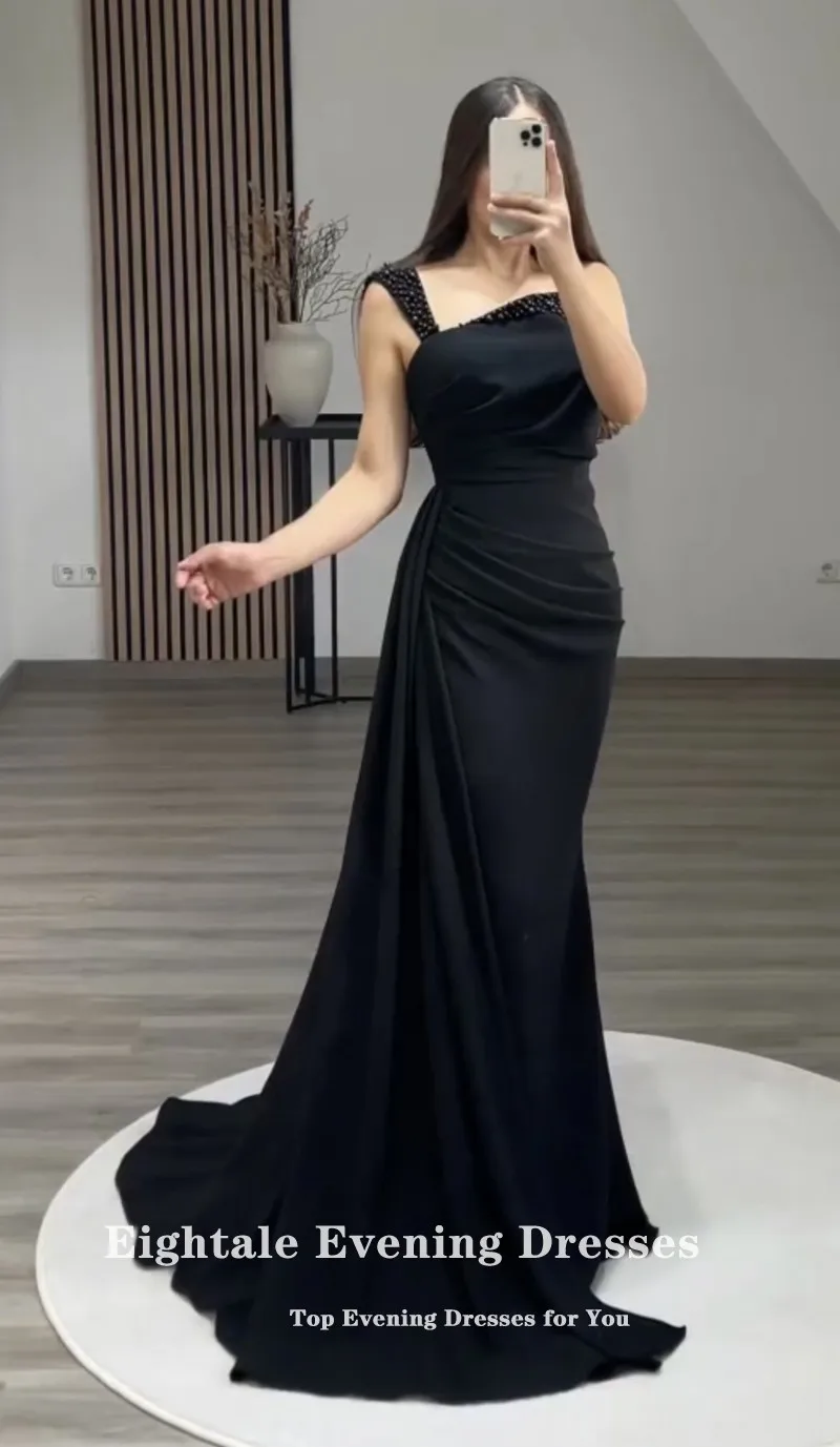 Eightale Elegant Evening Dress for Wedding Party One Shoulder Beaded Black Mermaid Arabic Prom Gowns Long Formal Celebrity Dress