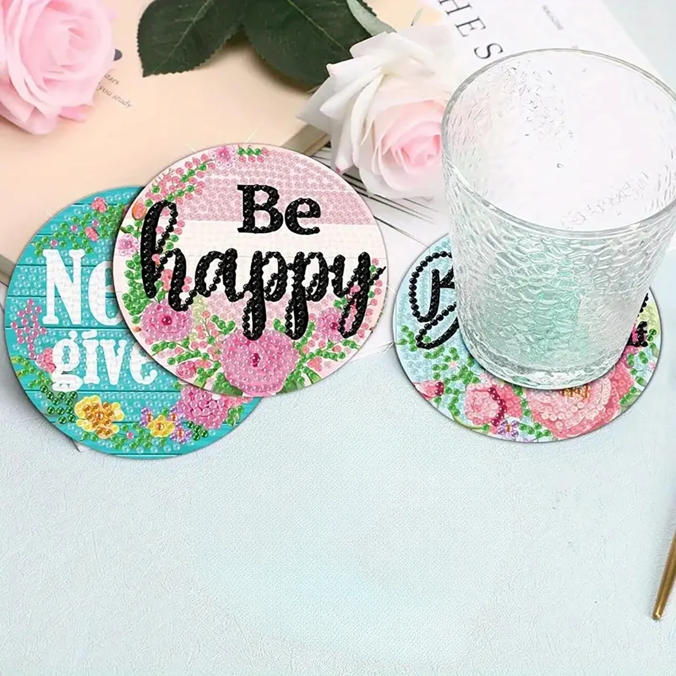8 pieces/set of DIY coasters with text patterns, diamond paintings, and brackets, suitable for beginners, art and craft gifts