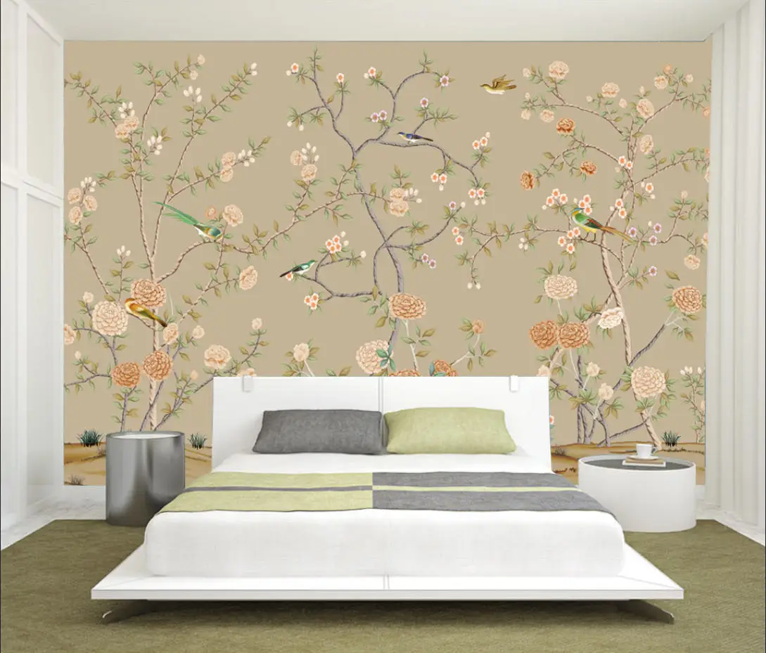 Customized wallpaper, Chinese hand drawn pen, flower, bird, peony, plum blossom mural, home decoration, flowers, branches mural