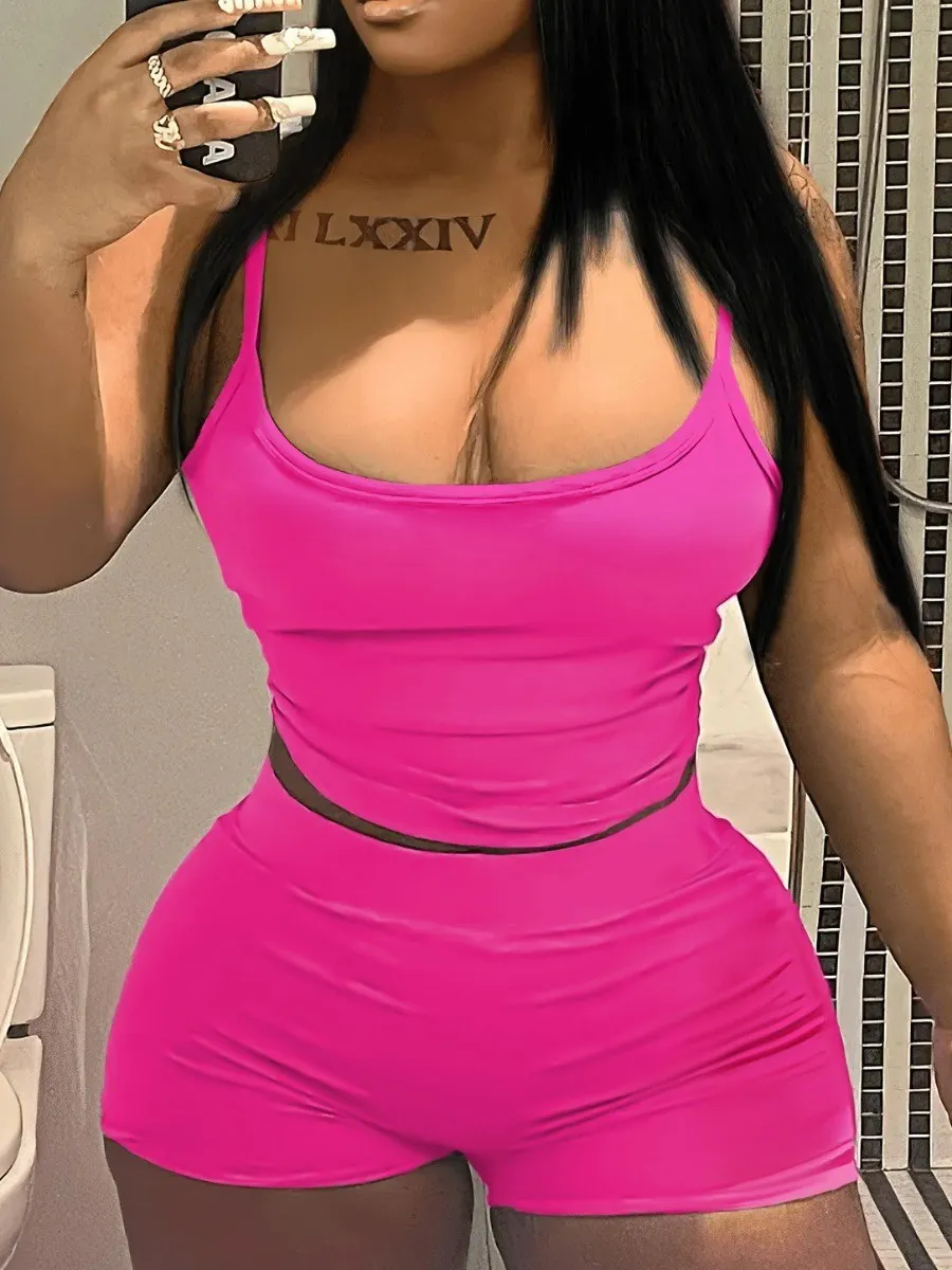 LW BASICS Casual Women Tracksuit Cami Skinny Stretchy Shorts Set Sport Skinny Summer Tops +Mini Biker Shorts Suit Two Piece Set