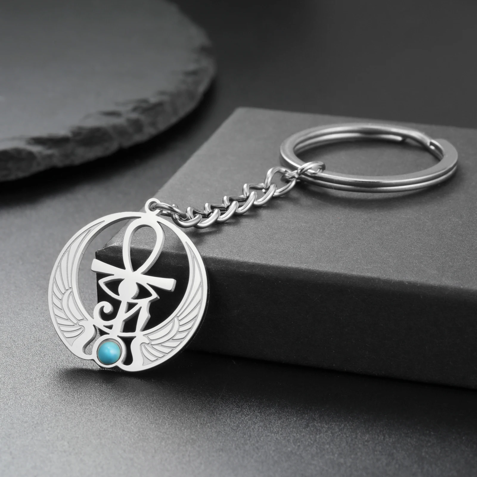 Teamer Egyptian Eye of Horus Ankh Cross Keychain Stainless Steel Round Pendant with Turquoise Bag Car Keyring Amulet Gift