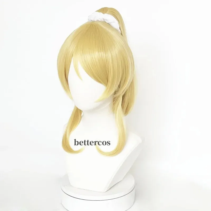 أنيمي لوف لايف! الحب لايف إيلي شعر مستعار تأثيري المرأة الباروكات الذهبية مع ذيل حصان إيلي Ayase الباروكات مقاومة للحرارة الاصطناعية خصلات الشعر المستعار #4