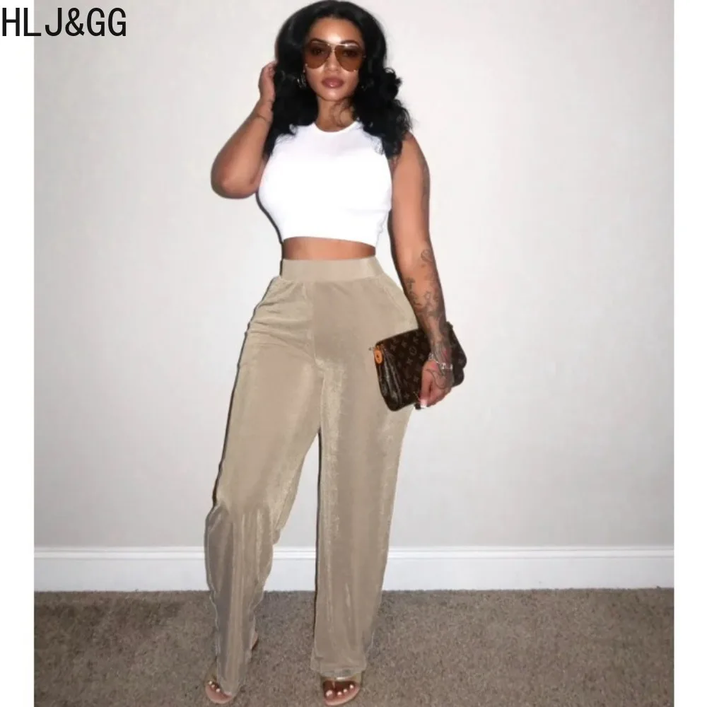 HLJ&GG Fashion Velvet Loose Wide Leg Pants Women Elastic High Waist Straight Trousers Casual Female Solid Color Matching Bottoms