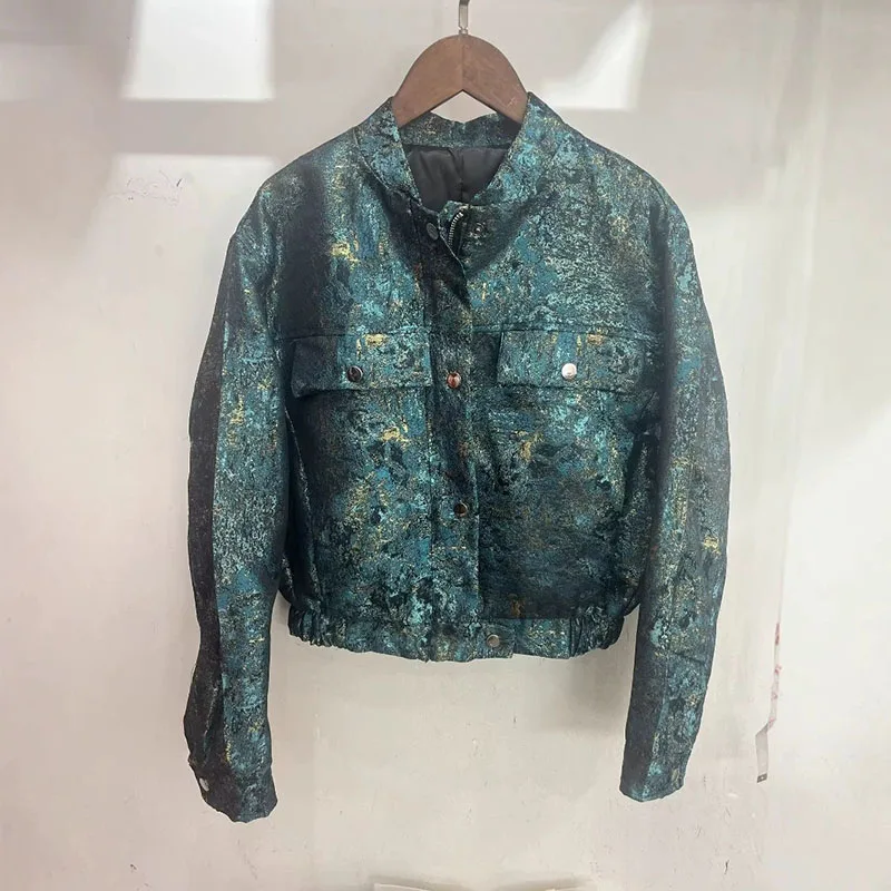 Damskie krótkie kurtki vintage ze stójką, nowa moda 2025, zapinane na zamek, z kieszeniami, odzież wierzchnia, damska odzież uliczna, luźne płaszcze z długim rękawem.