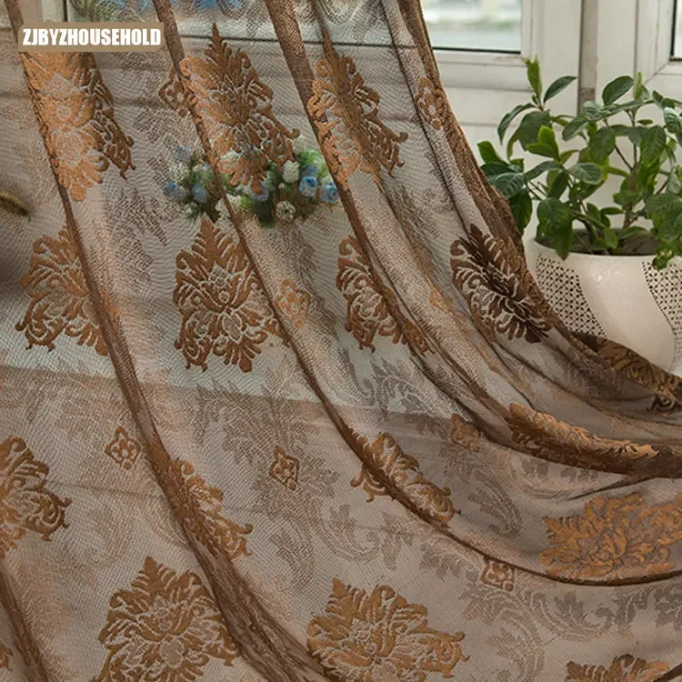 

European Style Jacquard Curtains for Living Room and Bedroom Breathable Bay Window Tulle Finished Product Brown Customization