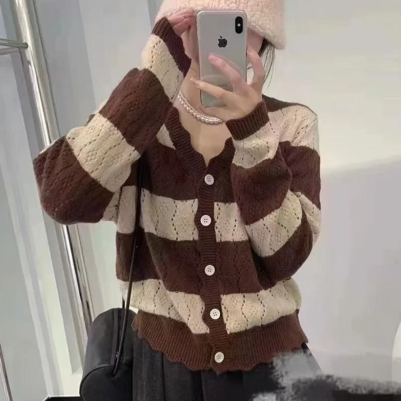 Sweater Autumn Knitted Cardigan Women Single breasted Stripe Hollow Wooden Ear Edge V-Neck Versatile Design Sweater Cardigan