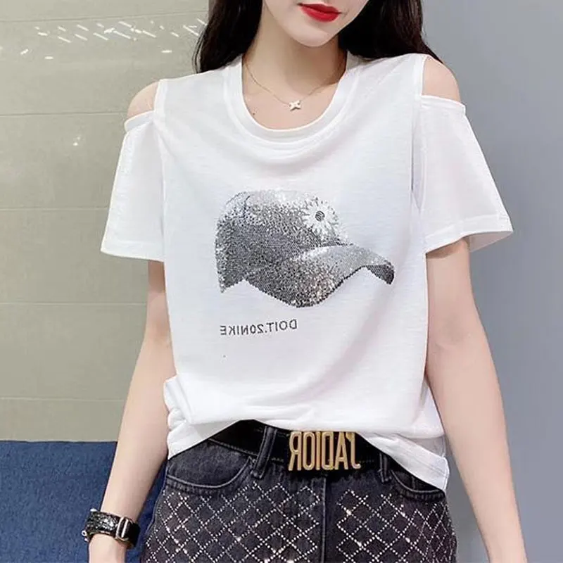 High Street Solid Color T-shirt Female Clothing Chic Diamonds 2023 New Summer Stylish Off Shoulder Casual O-Neck Loose Pullovers