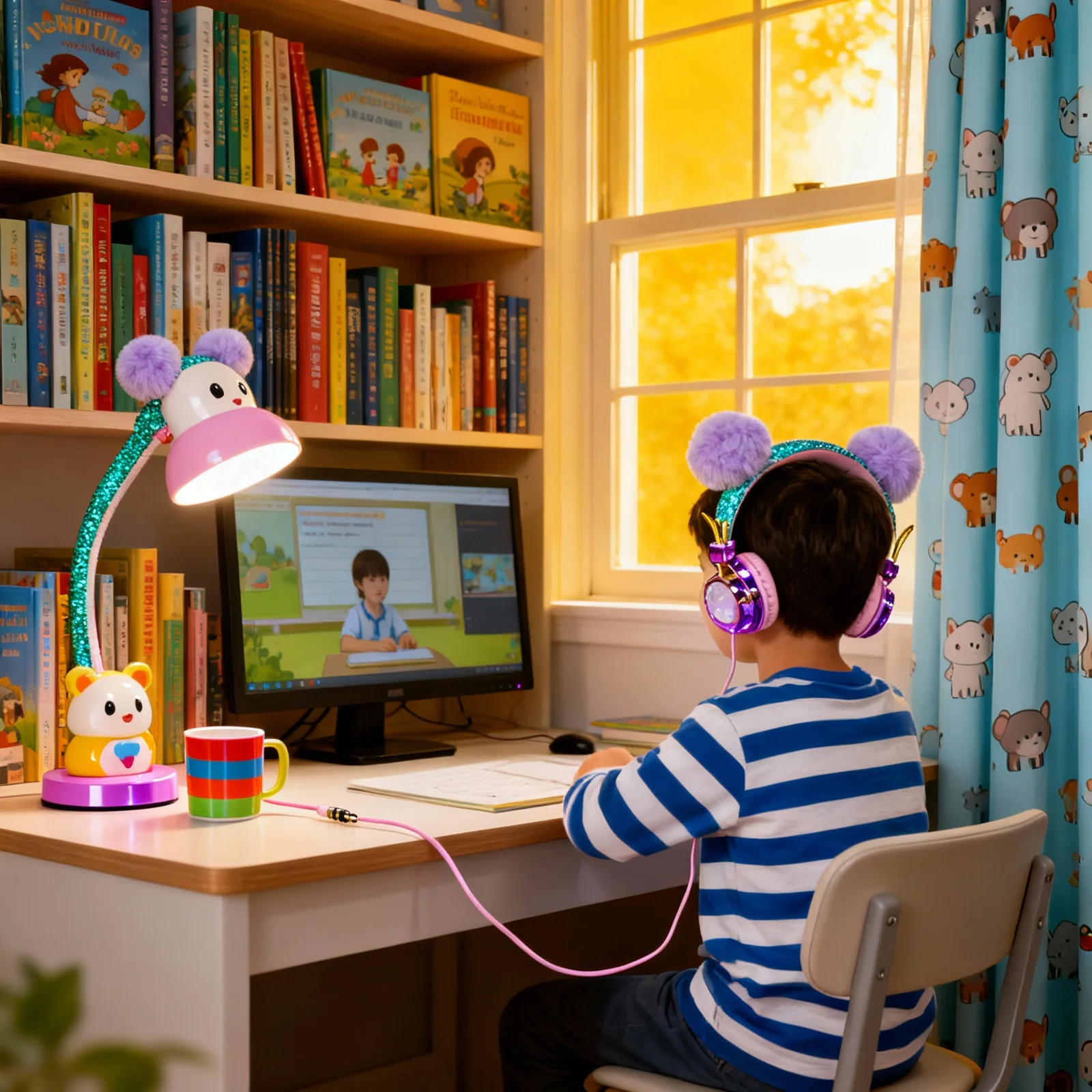 

Children Headset Kids Headphones Mic Glitter Rhinestone Ball Adjustable 35Mm Plug Protective Volume Control Children Headset