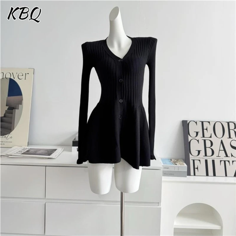 

KBQ Solid Slimming Temperament A Line Dresses For Women V Neck Long Sleeve Tunic Spliced Button Knitting Dress Female Fashion