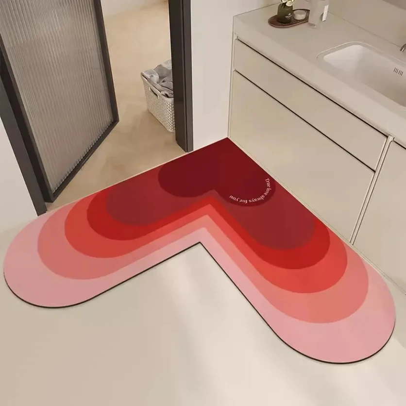 L-shaped Heart Shaped Kitchen Floor Mat Diatomaceous Mud Absorbent Home Bathroom Foot Mat Anti Slip Oil Resistant Red Carpet