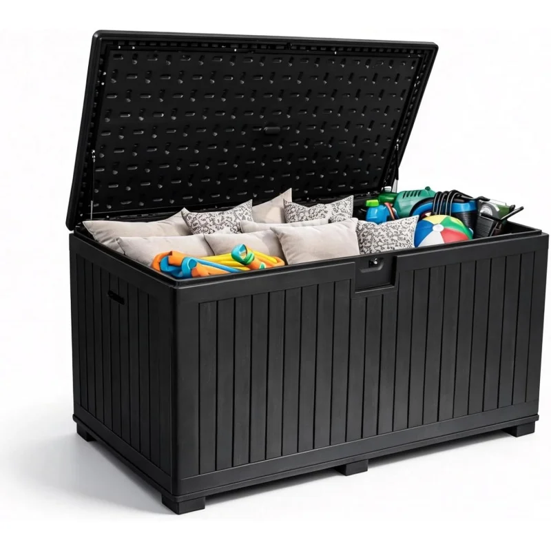 

2026 New：320 Deck Box with 6 Waterproof Foot Pads, Resin Storage Box Weatherproof, Plastic Cushion Container with Lock an