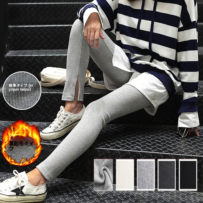 Women's Autumn Winter Fleece Lined High Waist Trousers Long Outerwear Slim Fit Casual Pants Japanese Style Vertical Stripes
