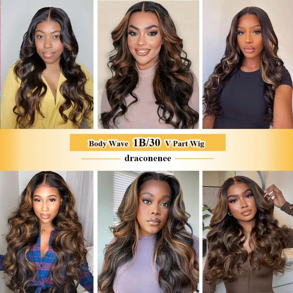 Highlight P1B30 V Part Wig Human Hair Body Wave Upgrade V Part With Adjustable Drawstring 250 Density V Shape Clip In Half Wig