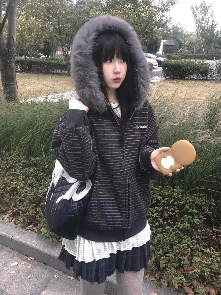 Amerikanischen Retro Gestreiften Abnehmbaren Pelz Kragen Mit Kapuze Mantel Frauen Süße Mode Lose Jacke Y2k Harajuku Vintage Sweatshirt Neue