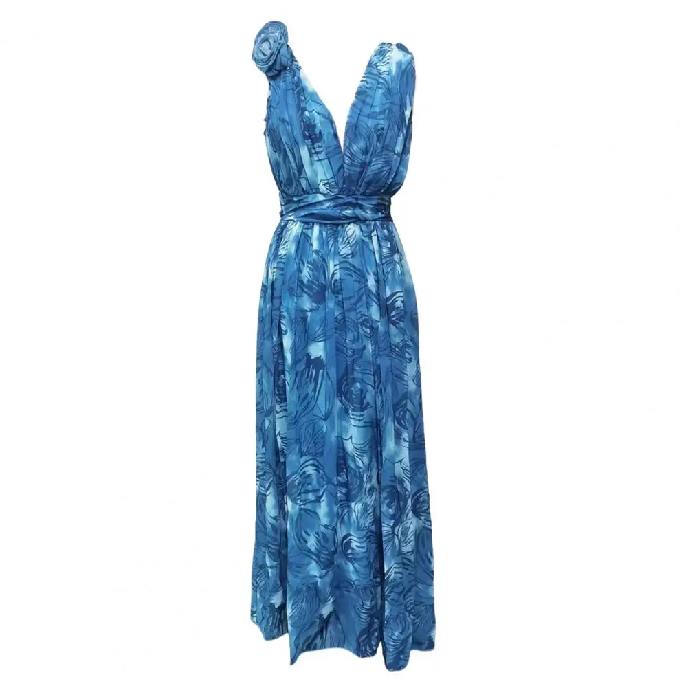 Plissee Design Kleid böhmischen Stil Frauen Abend Maxi kleid mit tiefen V-Ausschnitt Blumen dekor doppels chichtigen großen Saum für den Urlaub