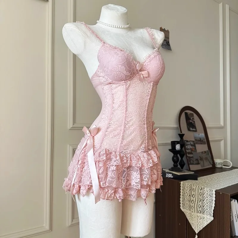 

Women's Sexy Lace Pink Nightgown V Neck Sleeveless Sleepwear French Homewear Slip Dress Nightwear 2025 Summer New Slim Pajamas