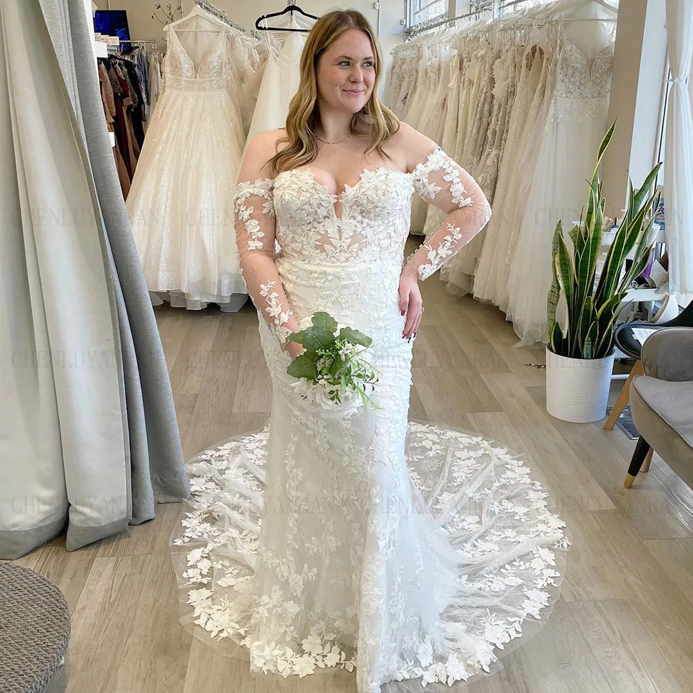 

Plus Size Mermaid Wedding Dresses Lace Applique Long Bride Dress Off-Shoulder Full Sleeves Dresses For Women 2025 Robe De Mariée