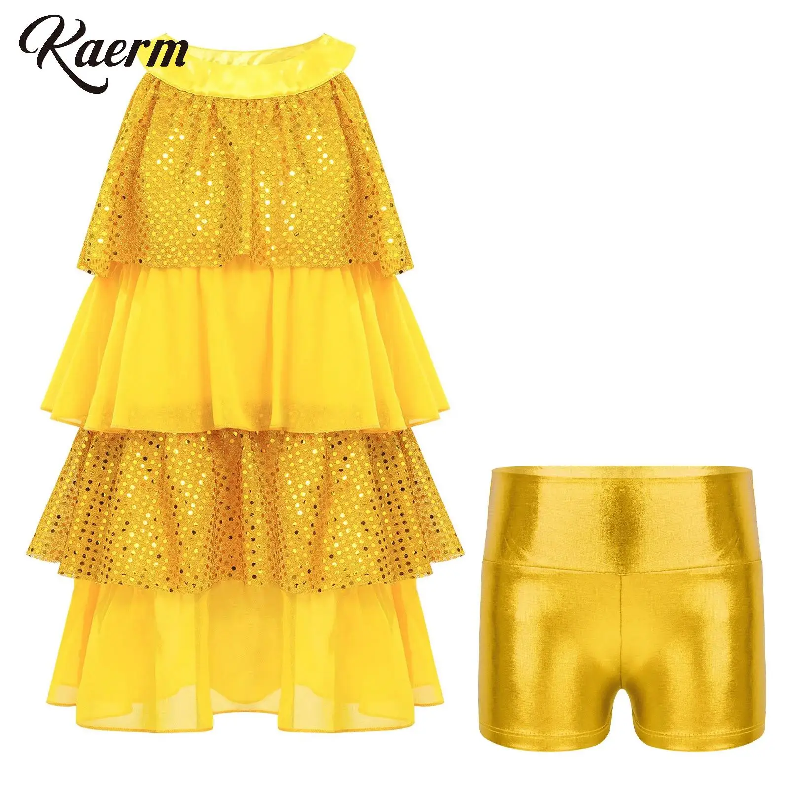 

Kids Girls Modern Jazz Dance Performance Costume Sequins Tiered Ruffled Dress with High Waist Metallic Shorts for Stage Suit