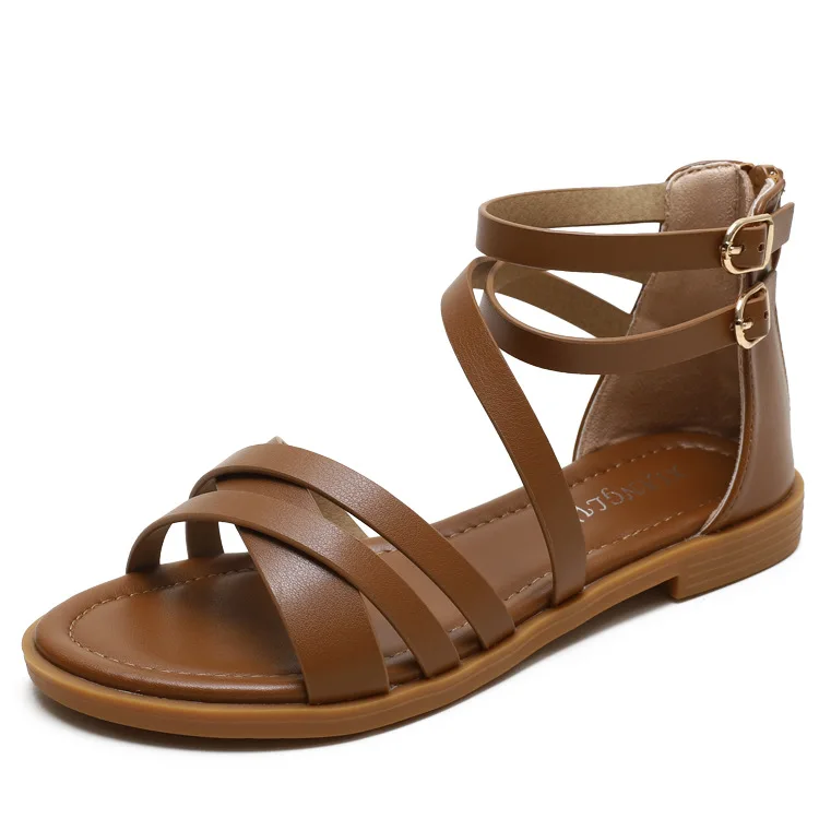 New Fashion Women Sandals Summer Plus Size Simplicity Low Heel Flat Sandals Women Cross Straps Women Fashion Zip Roman