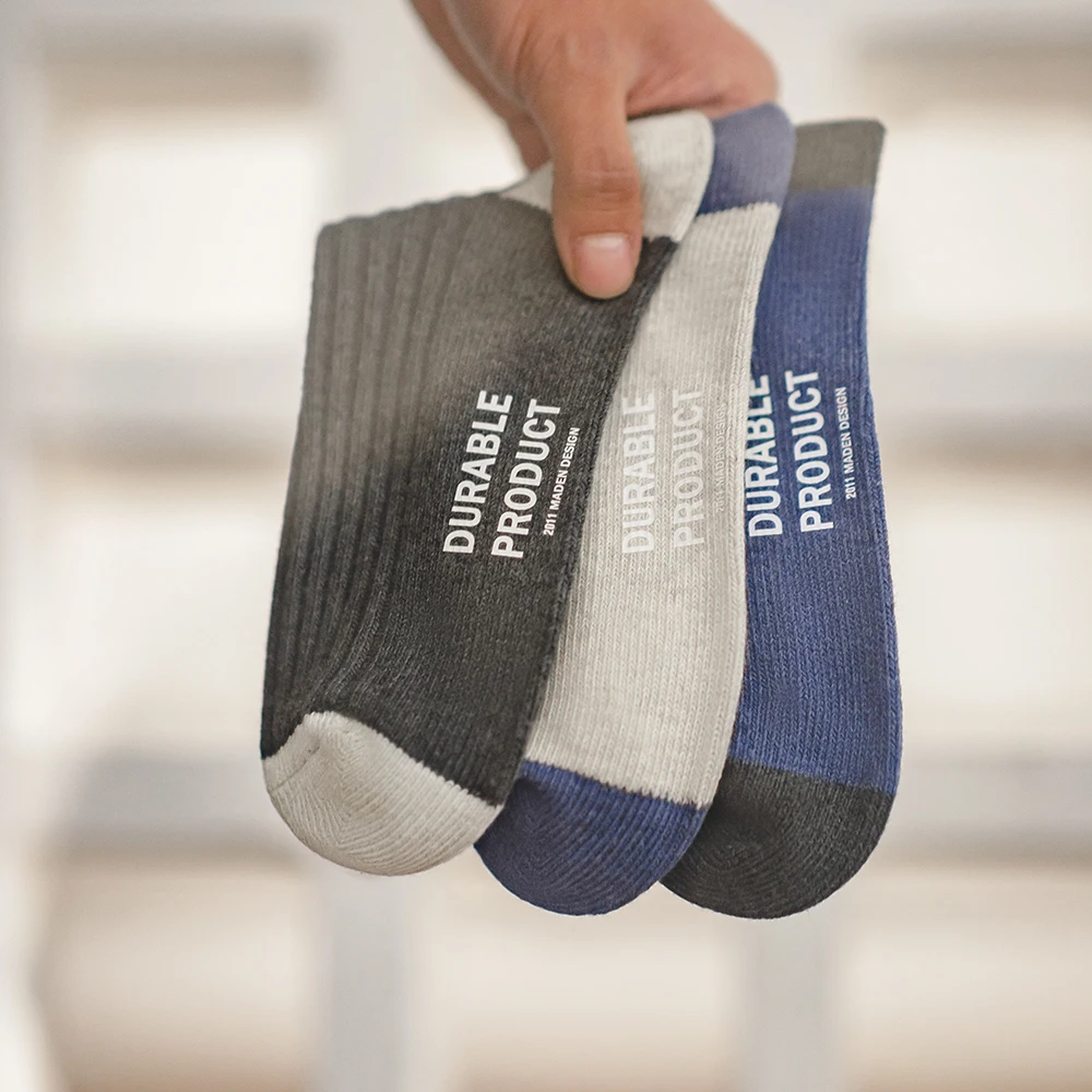 Maden Men's Breathable 3 Pairs Socks Casual Contrasting Color Knitted Mid-calf Socks Three-color Pit Thick  Warm Line Long Socks