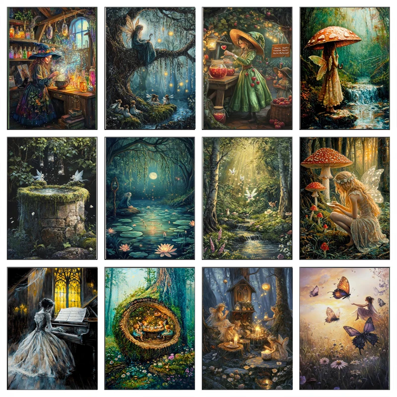 Whimsical Gothic Witch Flower Fairy Posters Classic Woodland Victorian Enchanted Forest Canvas Paintings Wall Art Pictures De